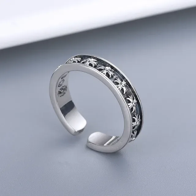 Oxidized Silver Floral Motif Adjustable Open Ring 3
