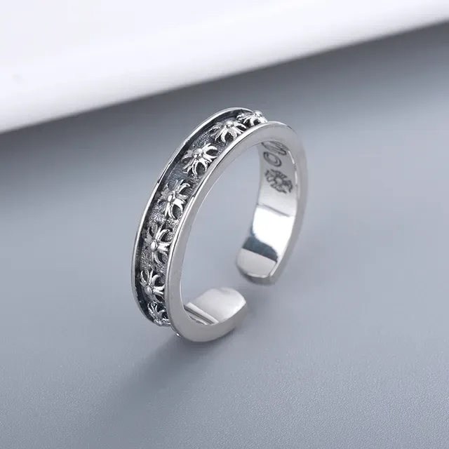 Oxidized Silver Floral Motif Adjustable Open Ring 4