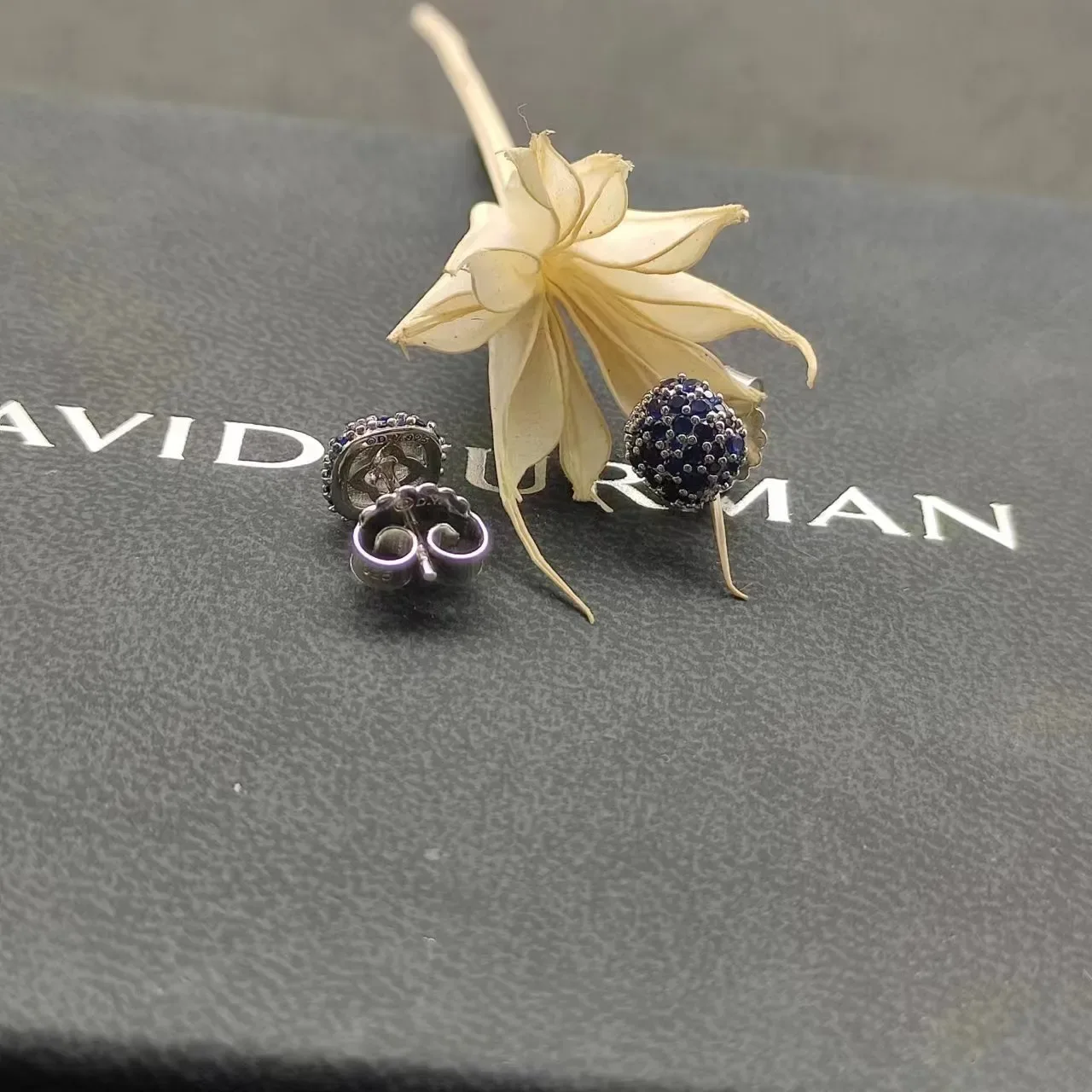 Pavé-Set Blue Gemstone Spherical Stud Earrings 2