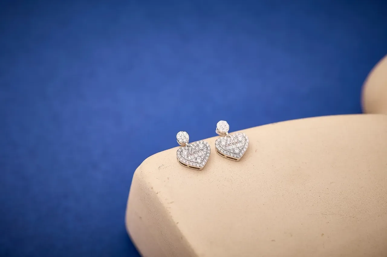 Pave-Set Heart Dangling Post Earrings 2