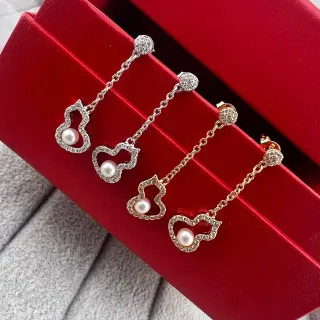 Pearl and Pave-Crystal Heart and Gourd Dangling Earrings