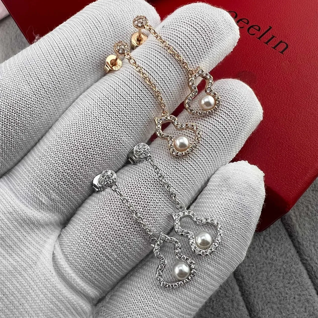 Pearl and Pave-Crystal Heart and Gourd Dangling Earrings 2