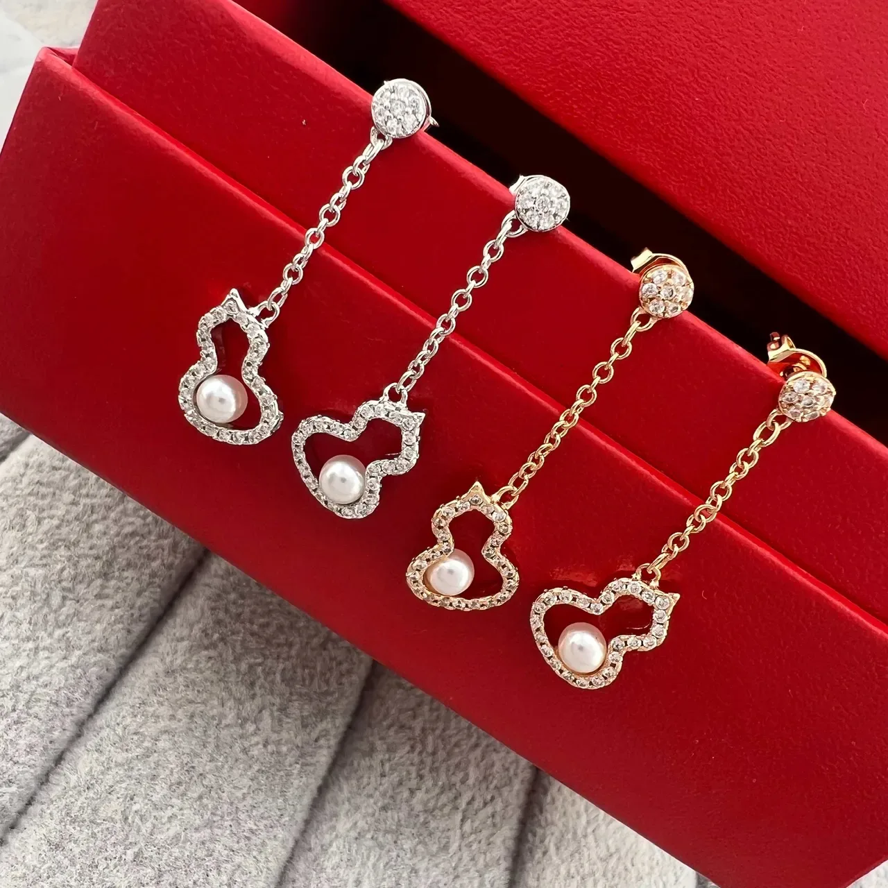 Pearl and Pave-Crystal Heart and Gourd Dangling Earrings 6