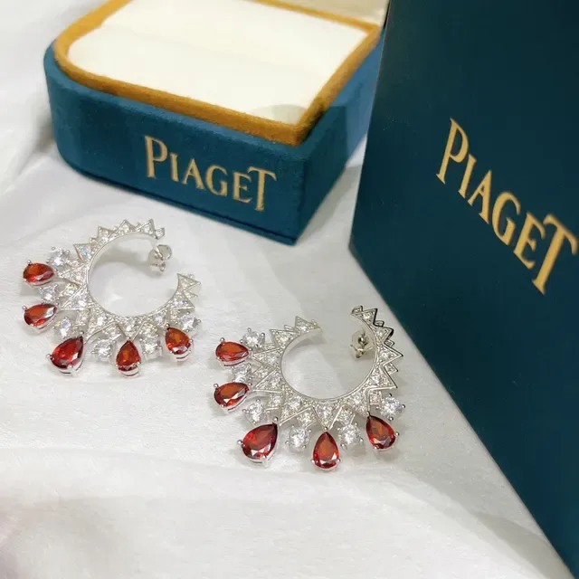 Piaget Sunburst Motif Red Gemstone and Diamond Hoop Earrings 3