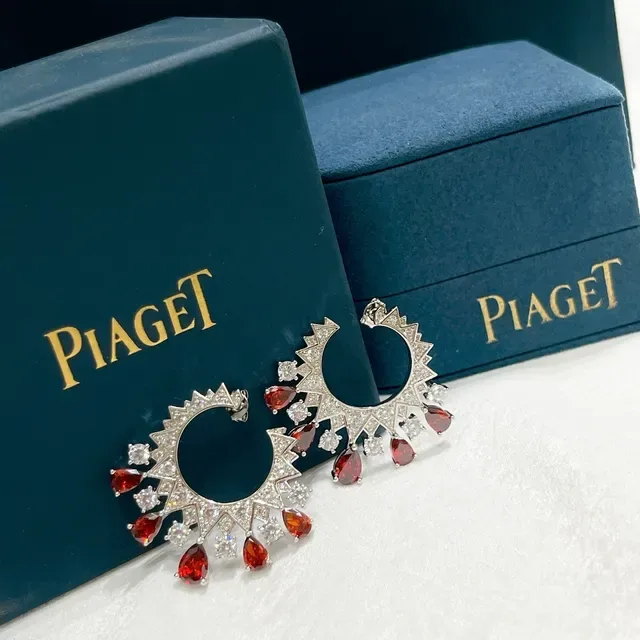 Piaget Sunburst Motif Red Gemstone and Diamond Hoop Earrings 7