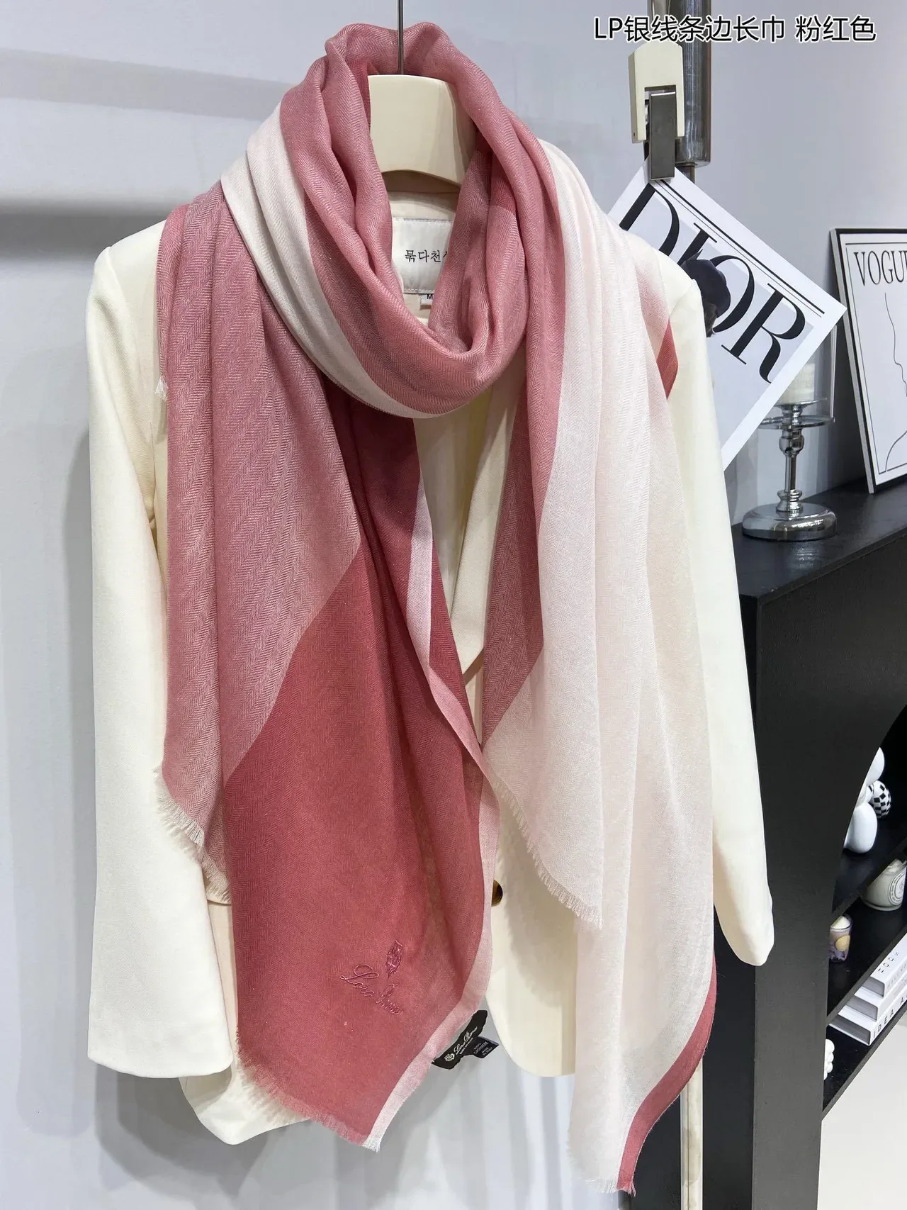 Pink Beige Herringbone Weave Fringed Edges Scarve 9