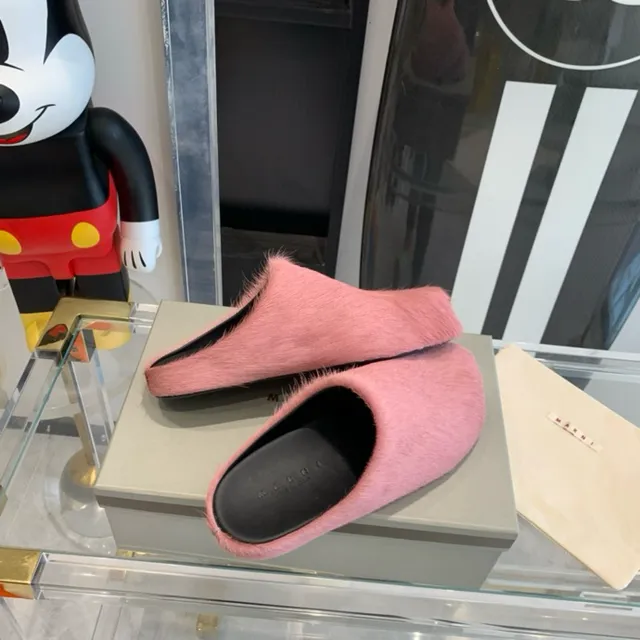 Pink Black Fuzzy Shearling-Like Upper Open-Back Slip-On Casual Shoes 2