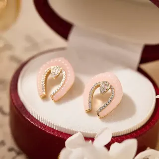 Pink Enamel Horseshoe Pavé Crystal Earrings