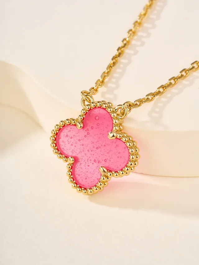 Pink Gold Clover-Shaped Pendant Enamel Fill Necklace 3