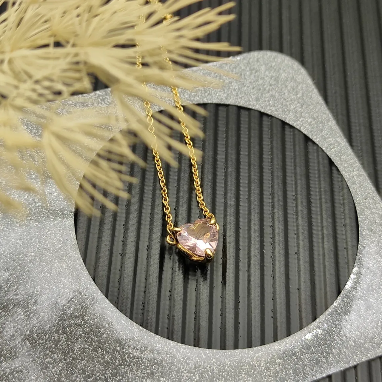 Pink Gold Heart-Shaped Pendant Faceted Gemstone Necklace 2