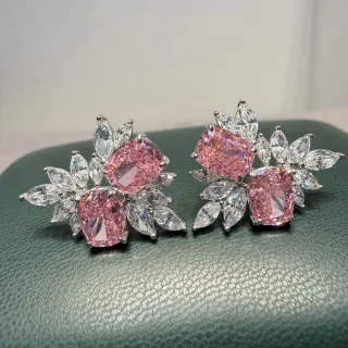 Pink Silver Floral Cluster Cushion-Cut Center Stones Earrings