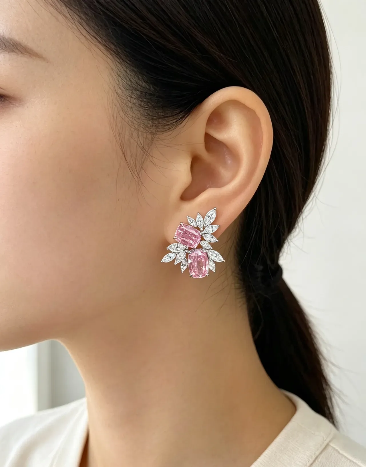 Pink Silver Floral Cluster Cushion-Cut Center Stones Earrings 2