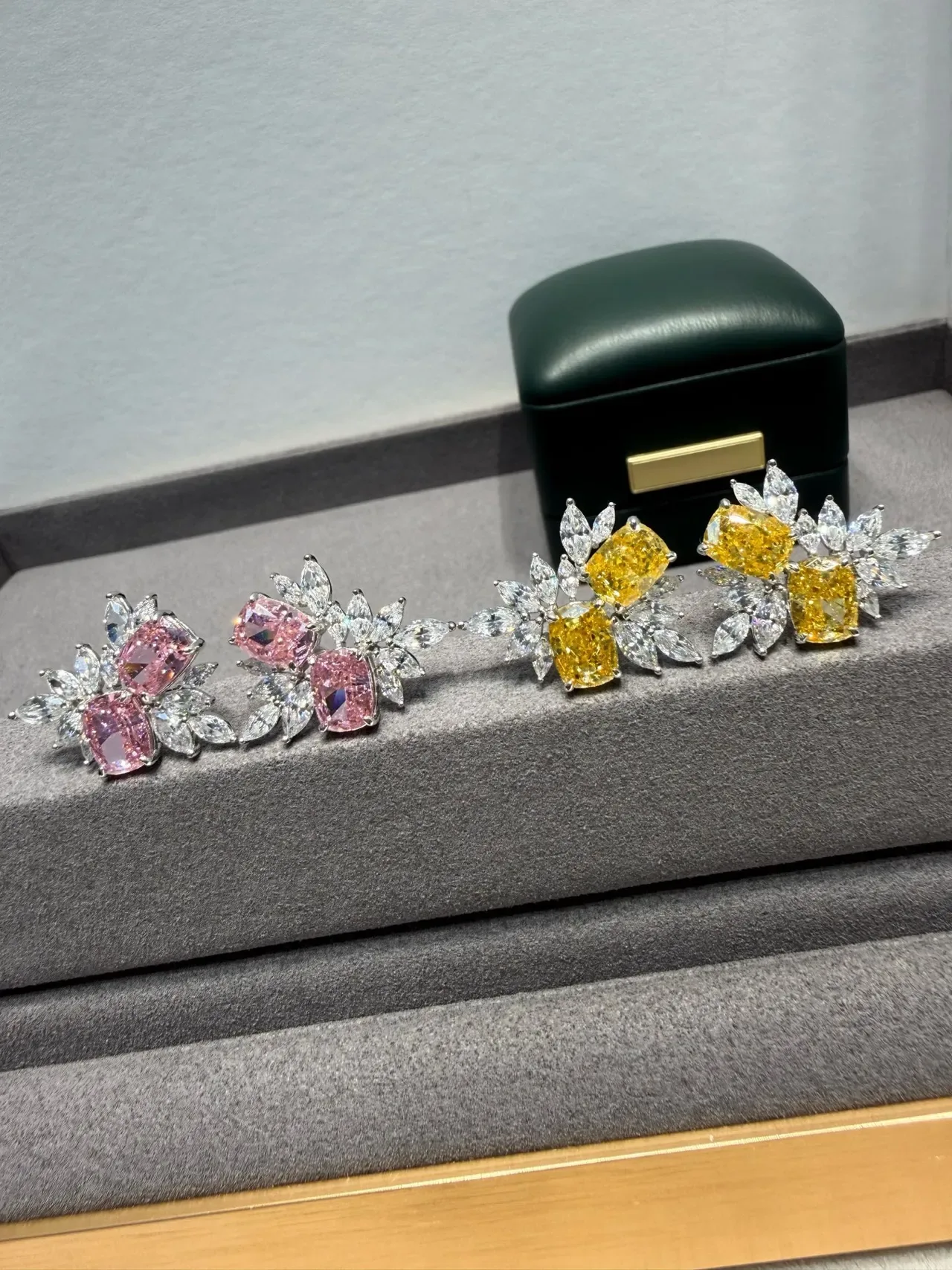 Pink Silver Floral Cluster Cushion-Cut Center Stones Earrings 3