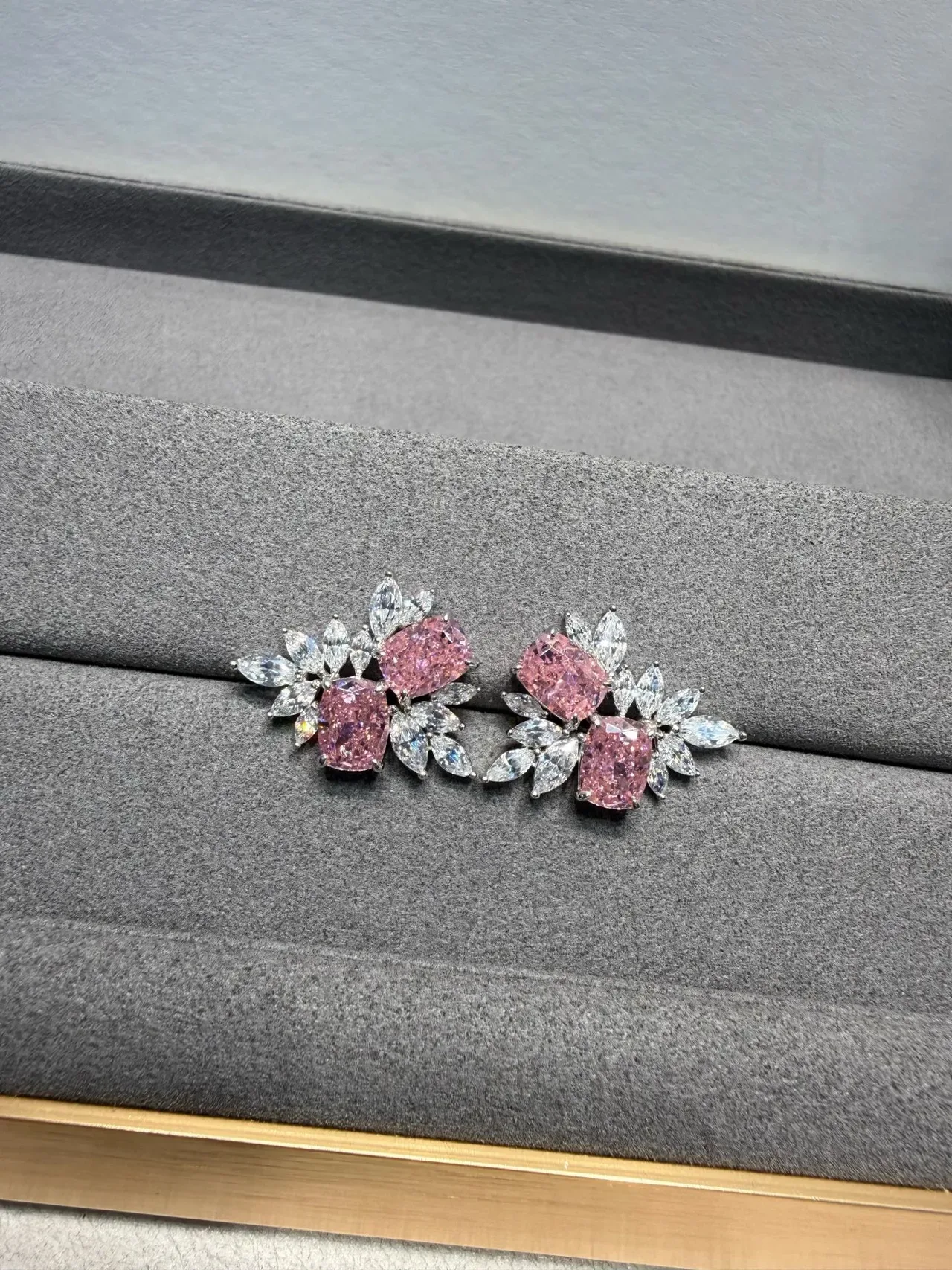 Pink Silver Floral Cluster Cushion-Cut Center Stones Earrings 4
