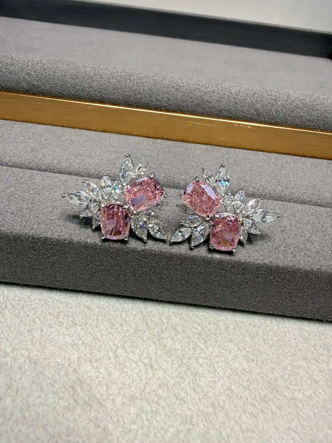Pink Silver Floral Cluster Cushion-Cut Center Stones Earrings 5