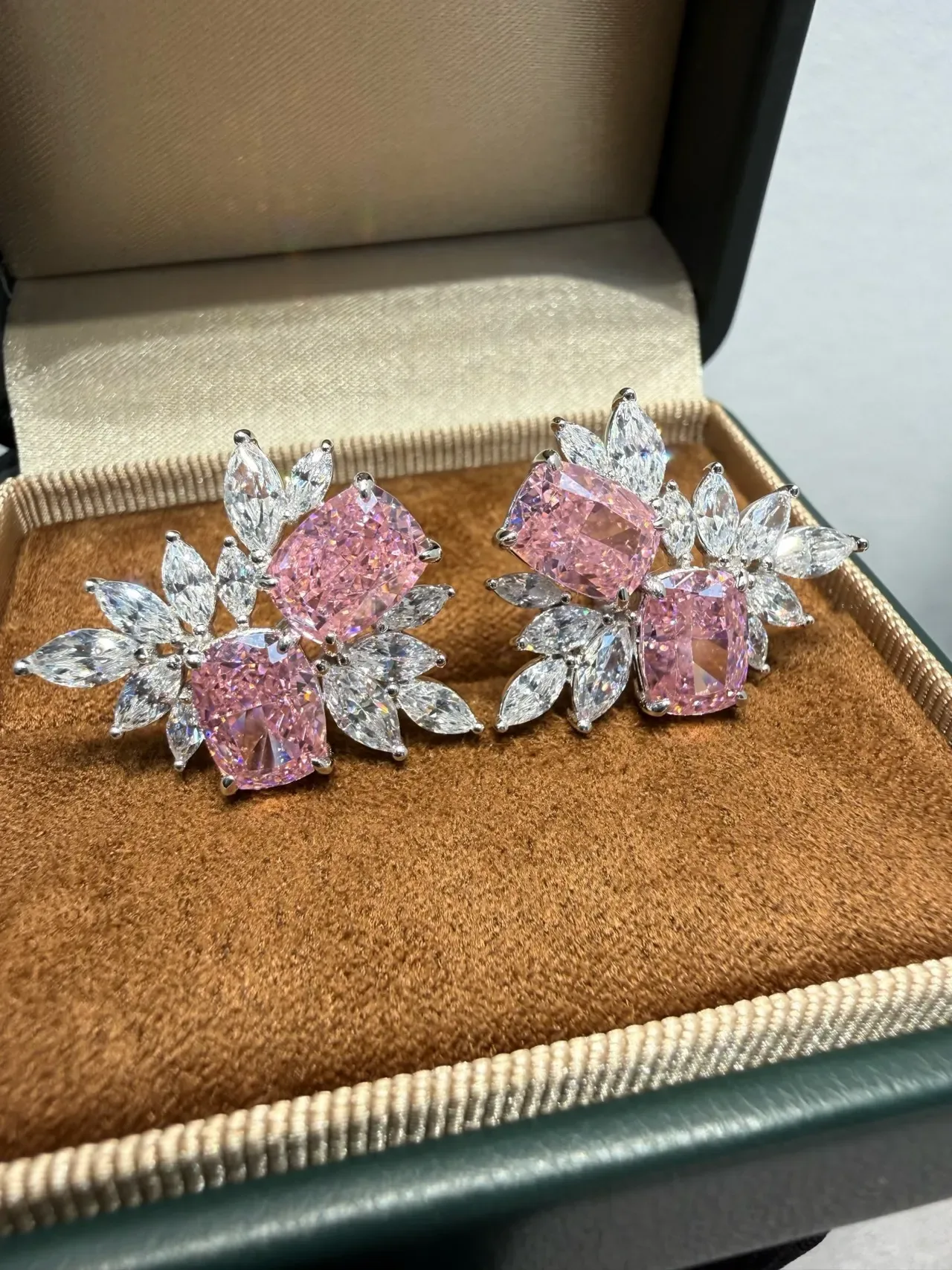 Pink Silver Floral Cluster Cushion-Cut Center Stones Earrings 6