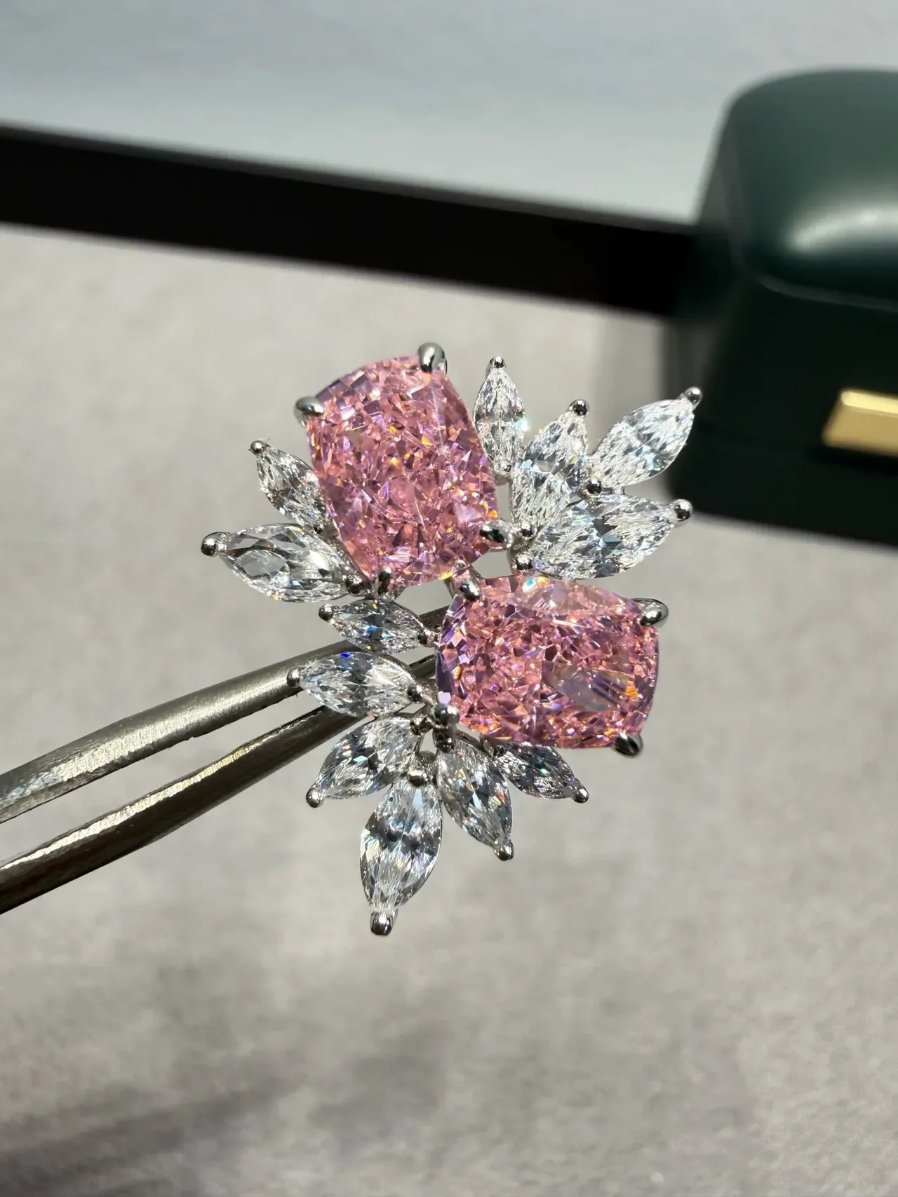 Pink Silver Floral Cluster Cushion-Cut Center Stones Earrings 7