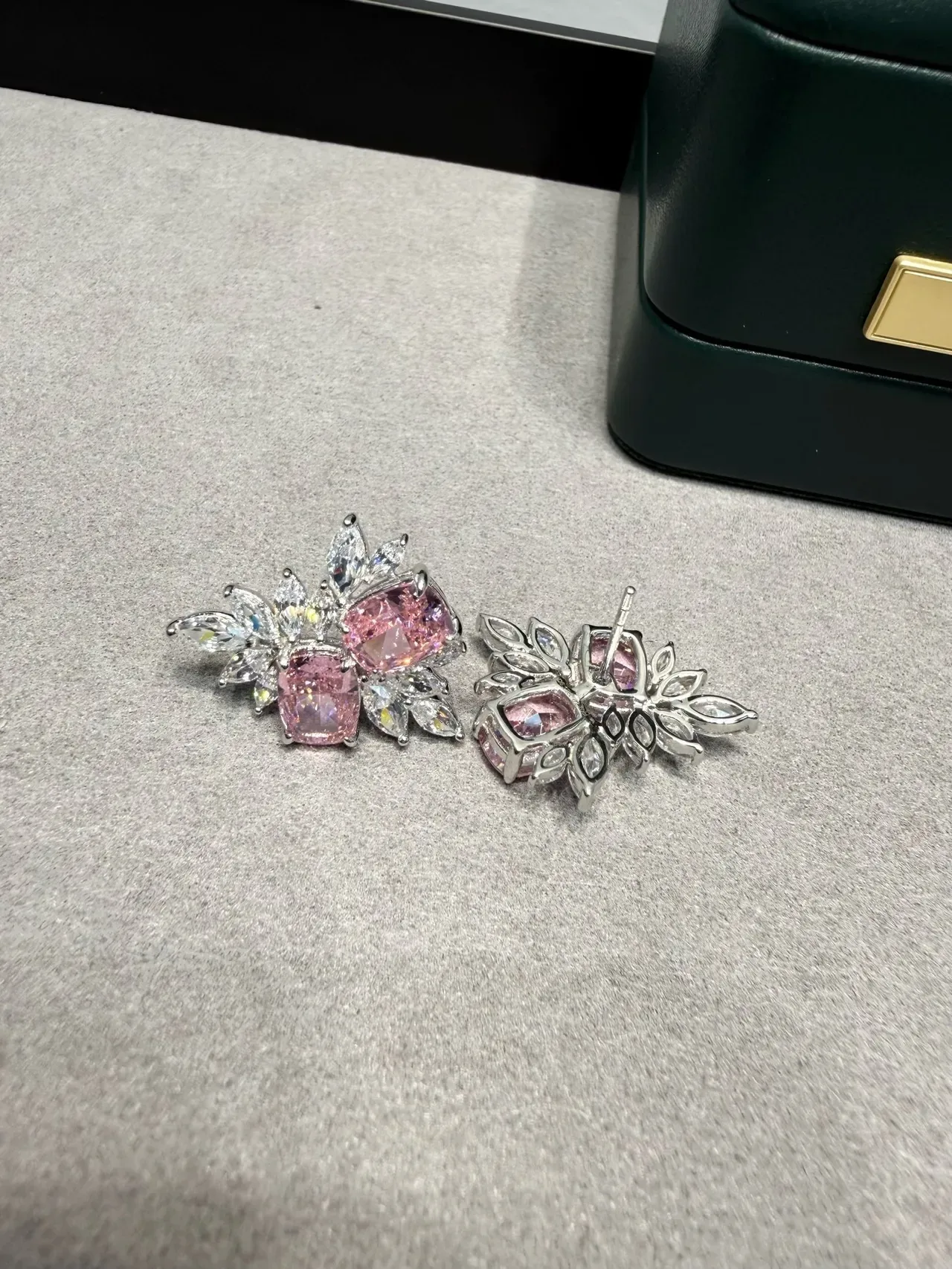 Pink Silver Floral Cluster Cushion-Cut Center Stones Earrings 8