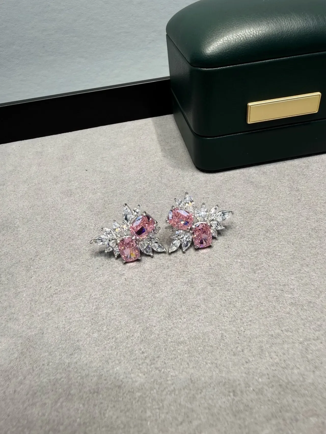 Pink Silver Floral Cluster Cushion-Cut Center Stones Earrings 9