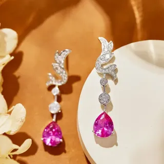 Pink Silver Floral-Inspired Scroll Motif Pavé-Set Diamonds Earrings