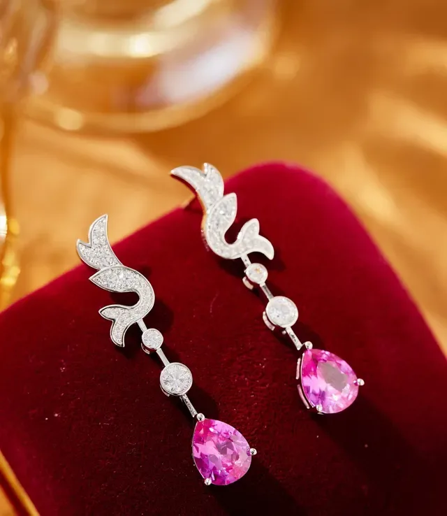 Pink Silver Floral-Inspired Scroll Motif Pavé-Set Diamonds Earrings 4