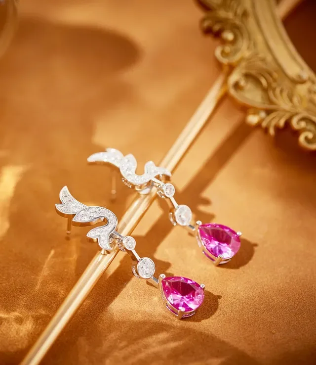 Pink Silver Floral-Inspired Scroll Motif Pavé-Set Diamonds Earrings 5