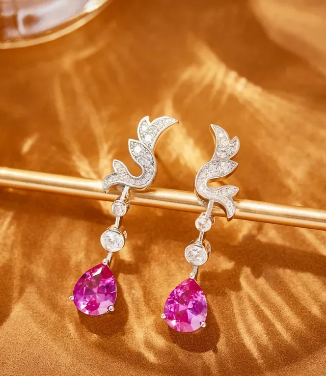 Pink Silver Floral-Inspired Scroll Motif Pavé-Set Diamonds Earrings 6