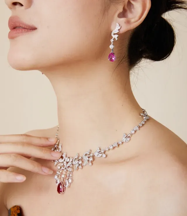 Pink Silver Floral-Inspired Scroll Motif Pavé-Set Diamonds Earrings 8