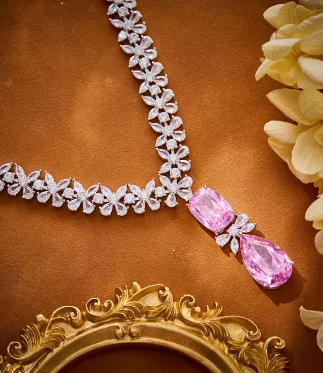 Pink White Floral Motif Pave-Set Stones Necklace 2