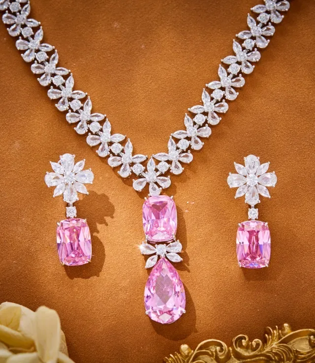 Pink White Floral Motif Pave-Set Stones Necklace 3