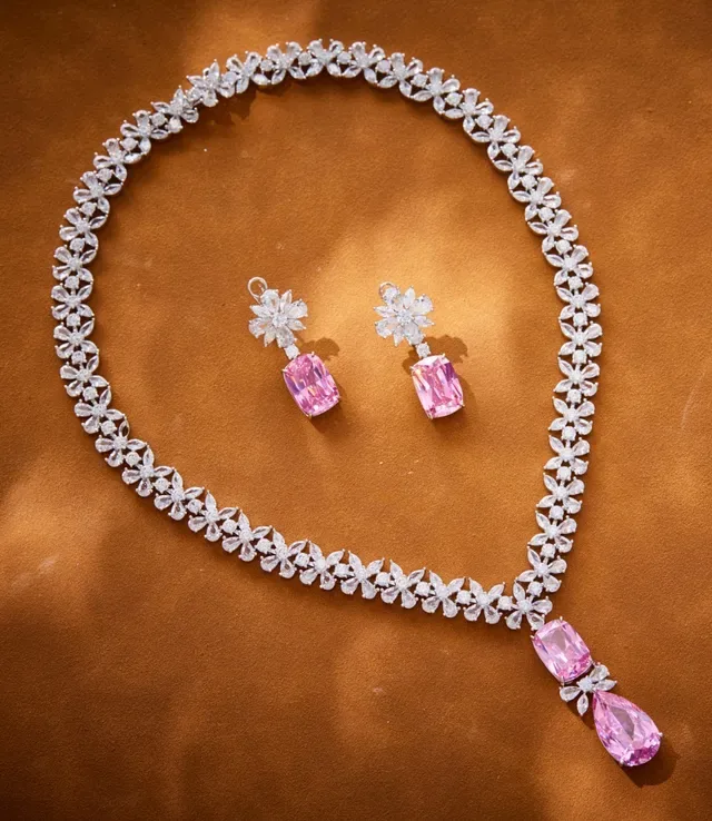 Pink White Floral Motif Pave-Set Stones Necklace 4
