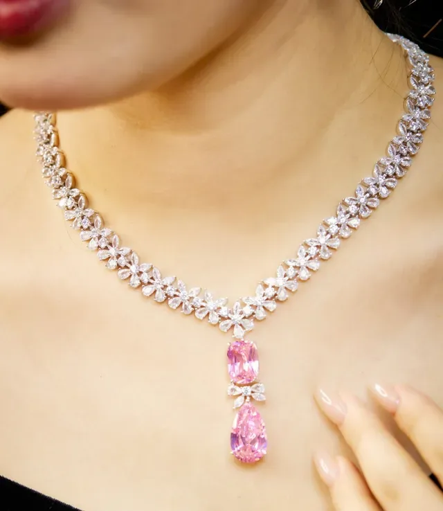 Pink White Floral Motif Pave-Set Stones Necklace 5