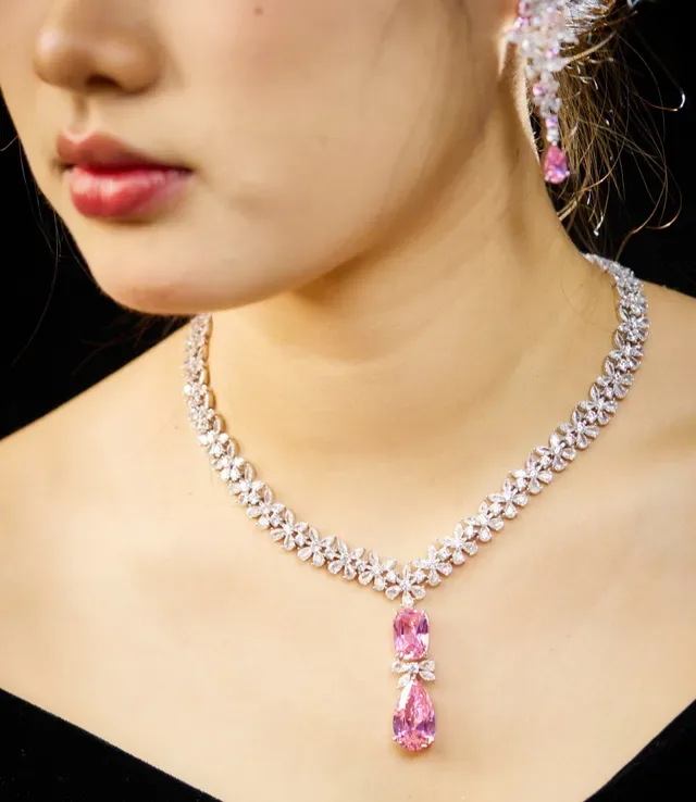 Pink White Floral Motif Pave-Set Stones Necklace 6