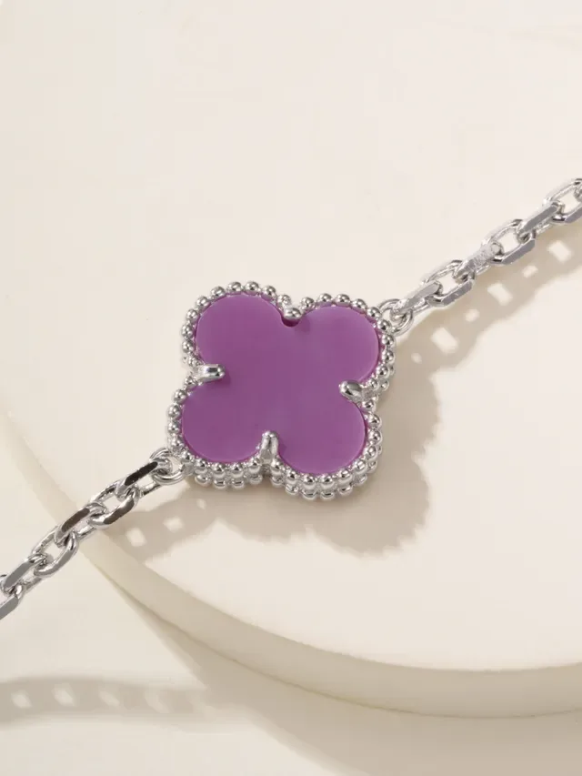 Purple Silver Clover-Shaped Pendant Beaded Edge Setting Necklace 3