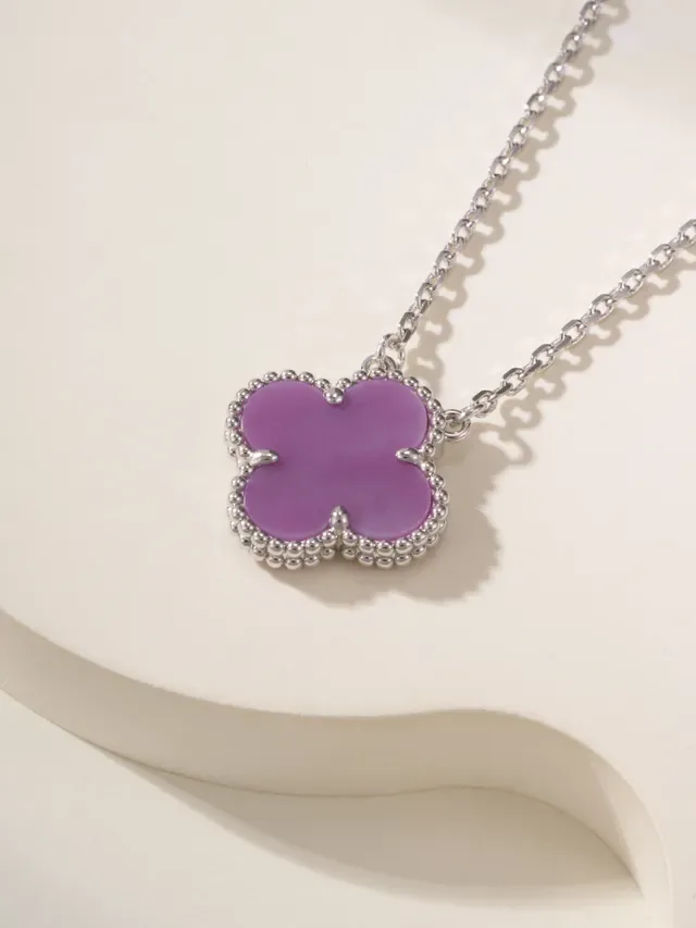 Purple Silver Clover-Shaped Pendant Beaded Edge Setting Necklace 4