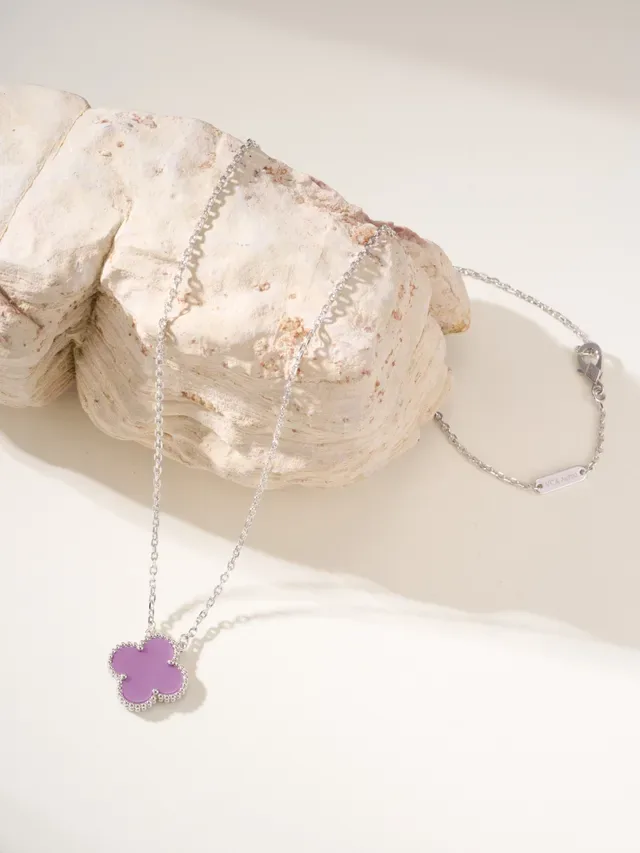 Purple Silver Clover-Shaped Pendant Beaded Edge Setting Necklace 5