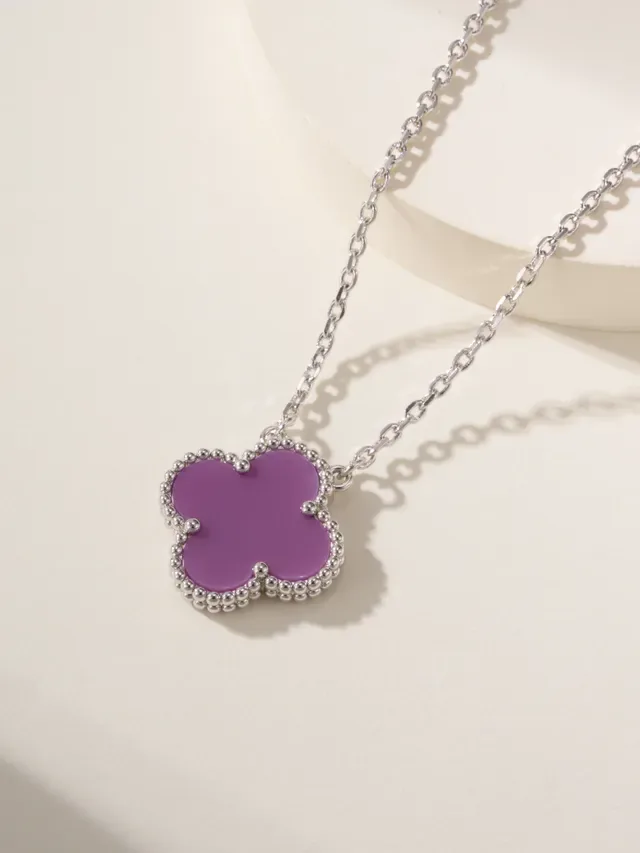 Purple Silver Clover-Shaped Pendant Beaded Edge Setting Necklace 6