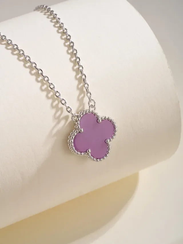 Purple Silver Clover-Shaped Pendant Beaded Edge Setting Necklace 7