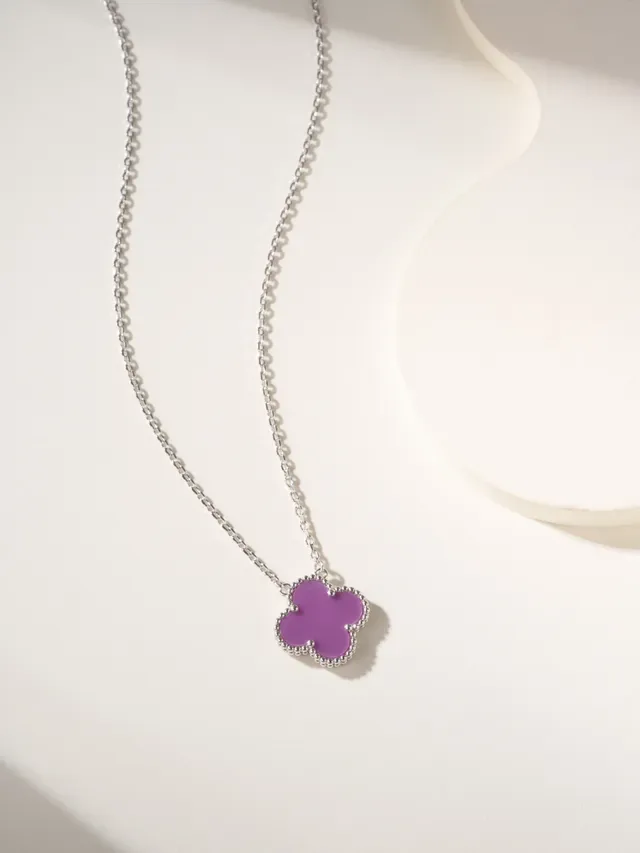 Purple Silver Clover-Shaped Pendant Beaded Edge Setting Necklace 8