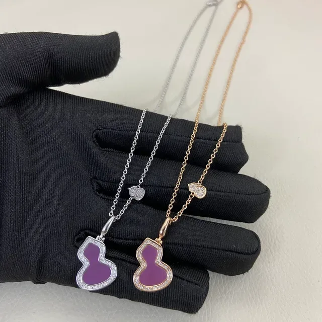 Purple Silver Gourd-Shaped Pendant Pavé-Set Border Necklace 2
