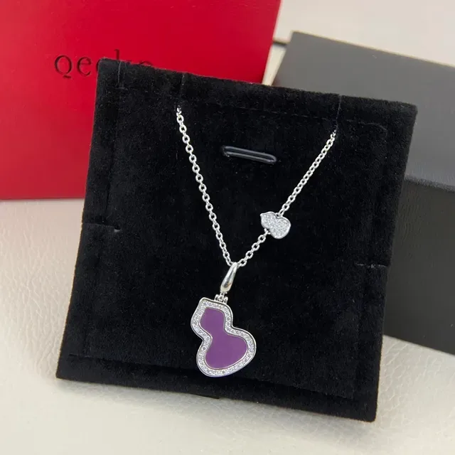 Purple Silver Gourd-Shaped Pendant Pavé-Set Border Necklace 3