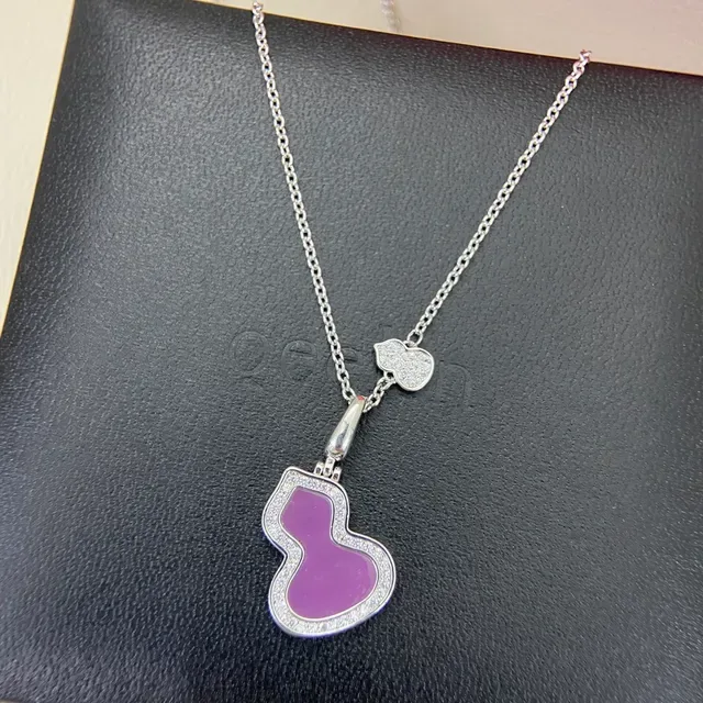 Purple Silver Gourd-Shaped Pendant Pavé-Set Border Necklace 4