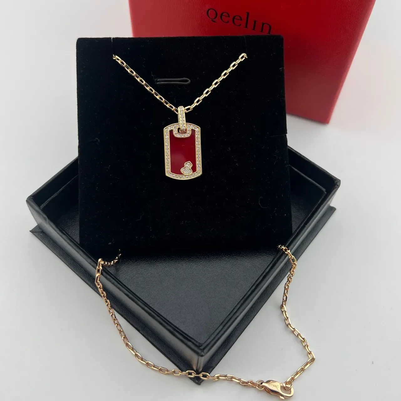 qeelin Red Gold Dog-Tag Silhouette Pavé Diamond Border Necklace 5