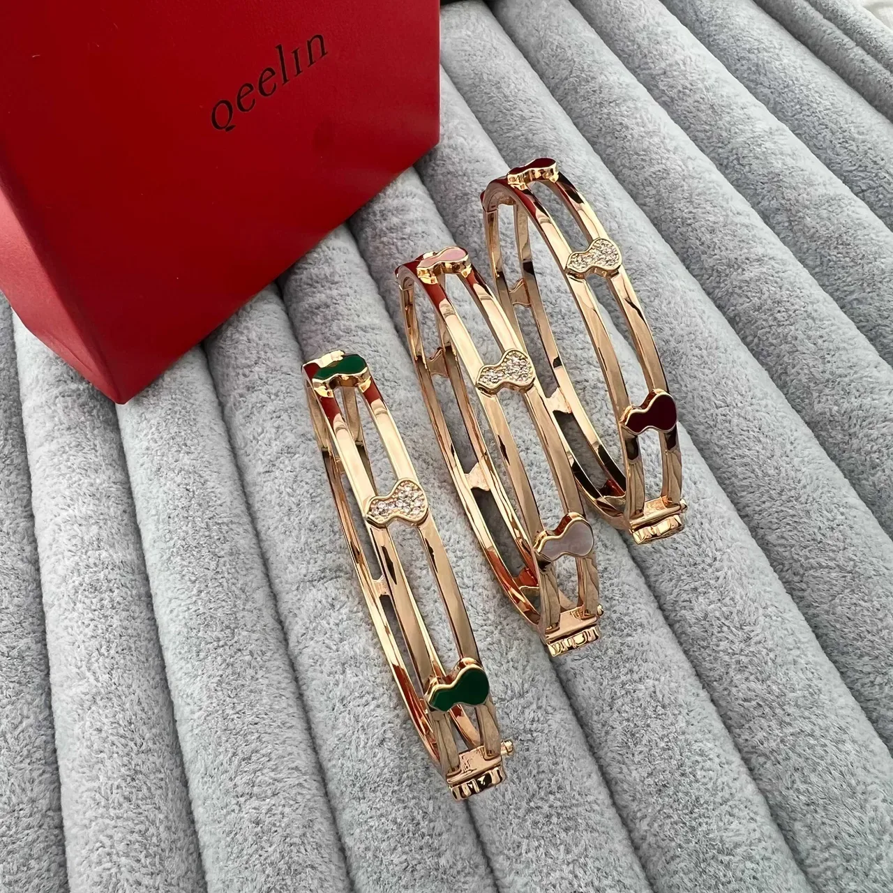 Qeelm Gold-Tone Heart Crystal Enamel Bangle Bracelets 8