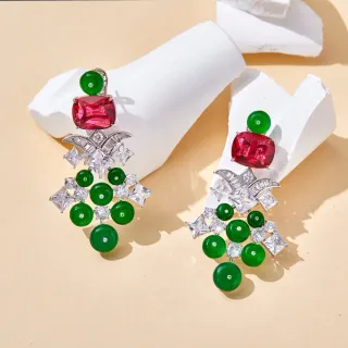 Red and Green Cabochon Chandelier Drop Earrings