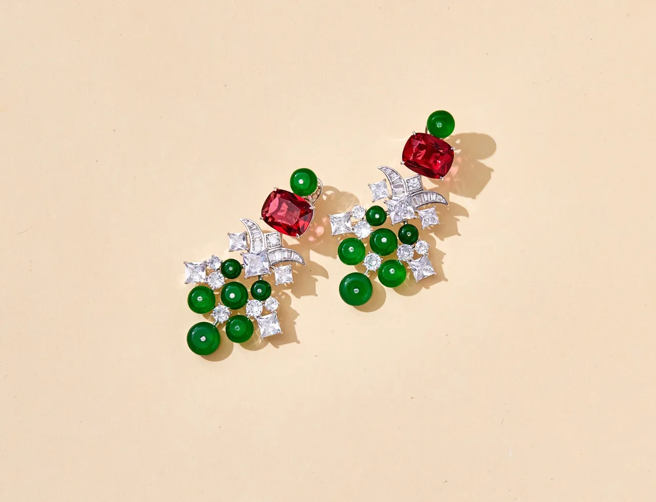 Red and Green Cabochon Chandelier Drop Earrings 3