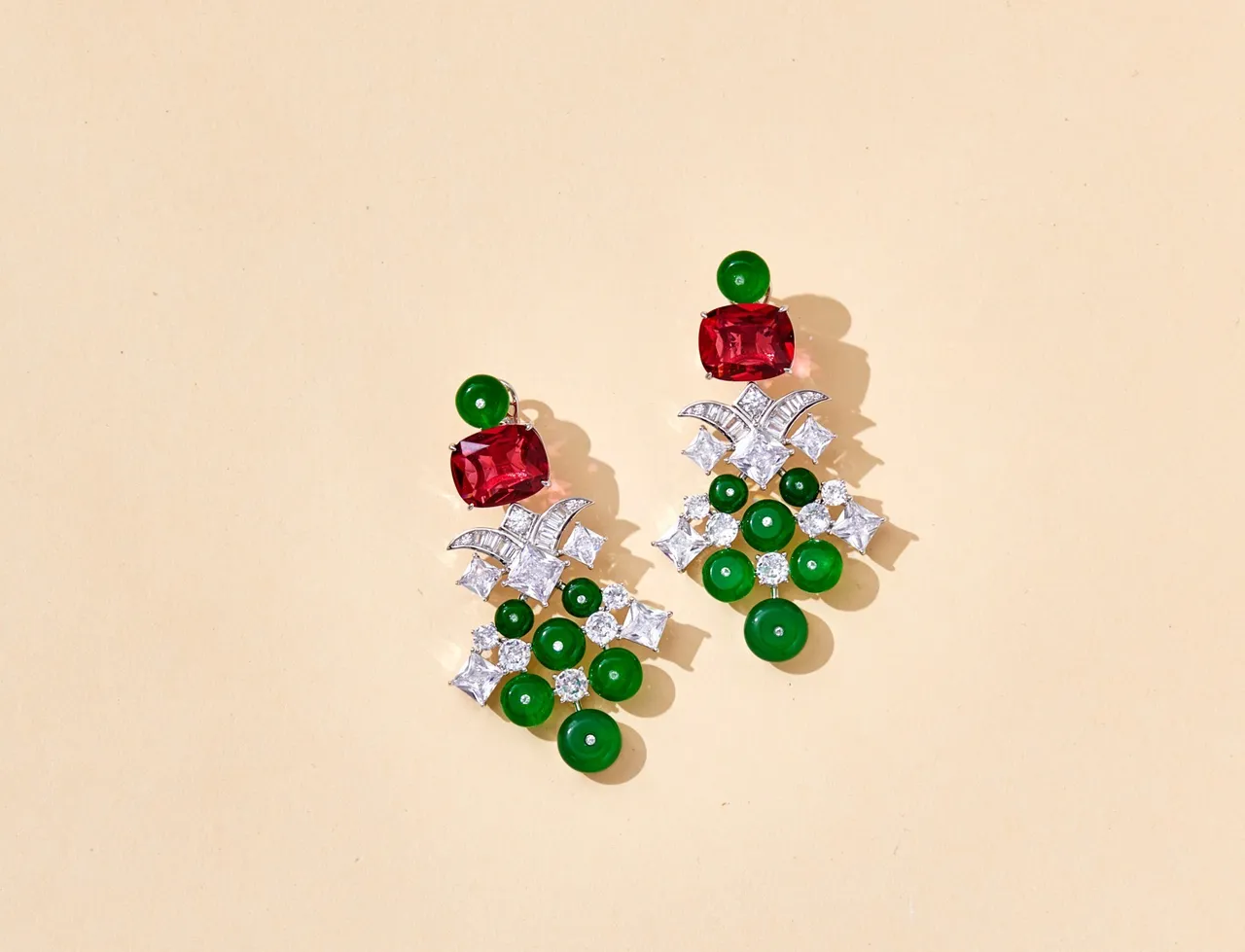 Red and Green Cabochon Chandelier Drop Earrings 5