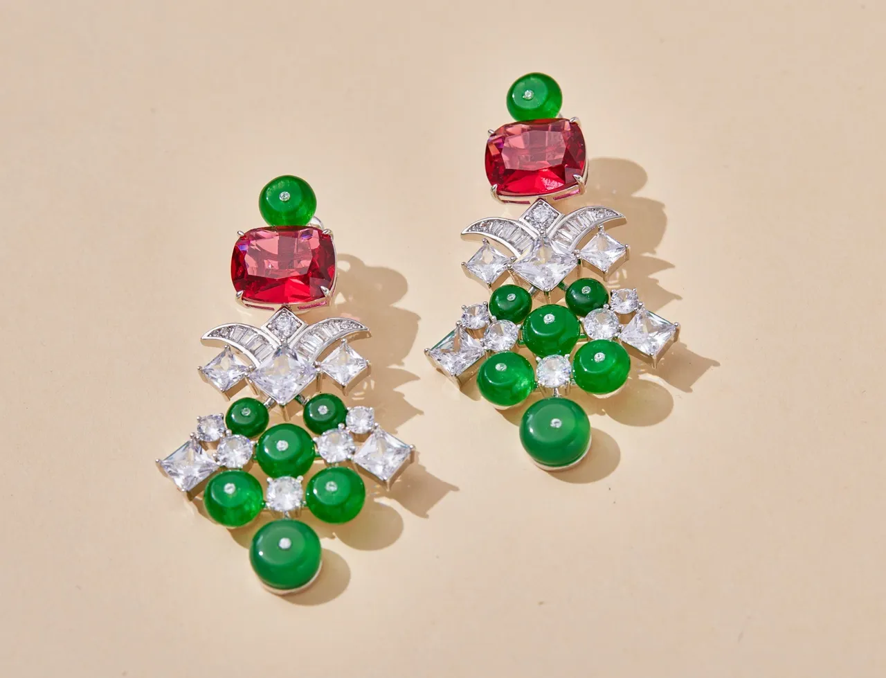 Red and Green Cabochon Chandelier Drop Earrings 6