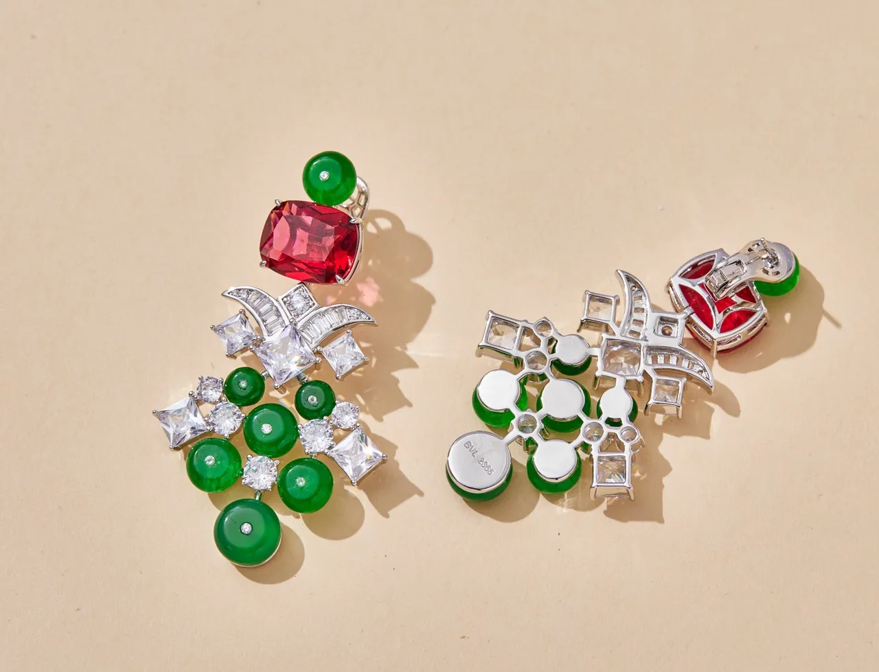 Red and Green Cabochon Chandelier Drop Earrings 7