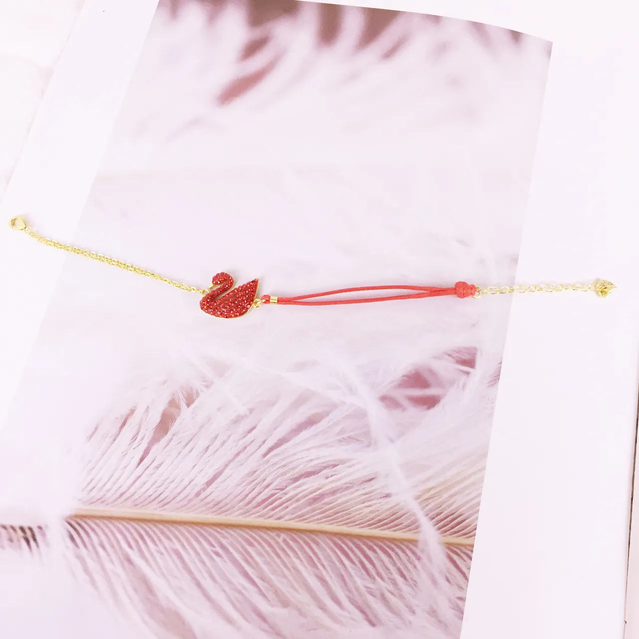 Red Crystal Swan Pendant Gold-Tone Chain Bracelet 4